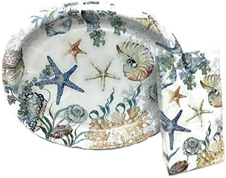 Coastal Coral Reef Seashell and Starfish themed Oval Plates and Matching 2-Ply Buffet Napkins 20 ct each Party supply set