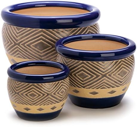 Flower Pot Set-Cobalt Planters 3Pc Ceramic Garden Plant