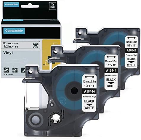 Itari Compatible Label Tape Replacement for DYMO Rhino 18444, 1/2 Inch Permanent Vinyl Industrial Refills, for Dymo Rhino 4200 5000 5200 6000 Label Maker, Black on White,12mm x 18Feet(5.5m), 3-Pack