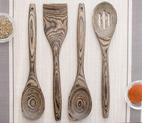 Exotic Pakka Wood 12-inch Stirring Spoon Set with Standard Spoon, Slotted Spoon, Corner Spoon, and Straight-Edge Spatula - Versatile with Durable Lightweight Material - By Crate Collective (Beechnut)