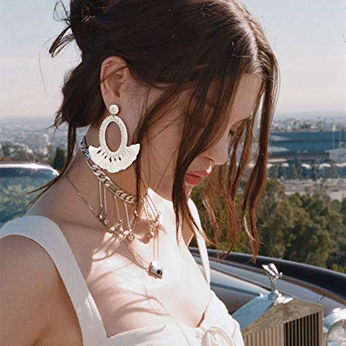 Women's Beaded Tassel Earrings Long Fringe Drop Bohemian Earings Dangle 7 Colors (Bead-White)