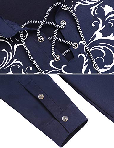 Daupanzees Mens Scottish Jacobite Ghillie Kilt Shirt Casual Long Sleeve Shirt Navy Blue