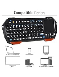 Fosmon Mini controlador de teclado inalámbrico portátil y ligero (teclado QWERTY) con panel táctil integrado para teléfonos inteligentes Apple   Android   Windows, tabletas, PS4, ordenador portátil, portátil, color negro y naranja