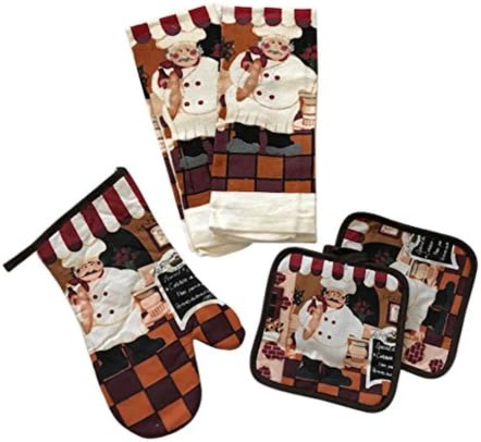 Chef Kitchen Linens, 2 Towels, 2 Pot Holders and 1 Oven Mitt, 5 Piece Bundle