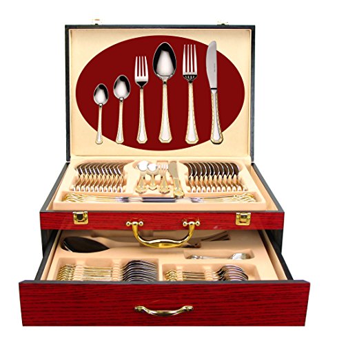 75-Piece Luxury Flatware Set Silverware Dining Service for 12, 24K Gold-Plated Premium 18/10 Stainless Steel, Flatware Storage Box Chest Case for Spoons Forks Knives w/Hostess Serving Set (Prestige)