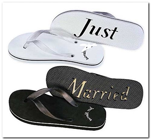 Just Married Imprint Bride & Groom Honeymoon Flip Flop Sandals Set: 1- Mens Black Size Large & 1- Womens Size Medium