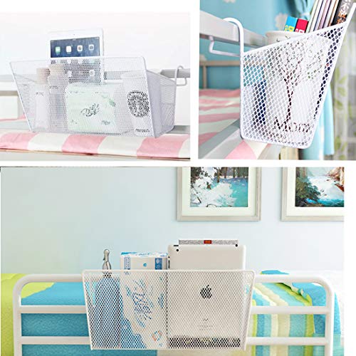 RuiyiF 2 Pack Bunk Bed Storage Basket,Dormitory Bedside Storage Baskets Metal Desk Corner Organizer Hanging with Hook for Books Phones Tissues Water Bottle (White)
