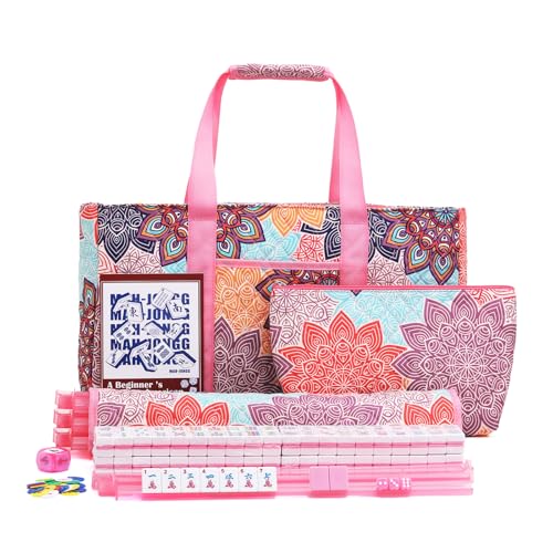 Kyerlish American Mahjong Tile Set with Printed Carrying Bag, 166 Premium Pink Tiles, 4 All-in-One Racks/Pushers and Accessories, Mahjong Set, Complete Mahjong Game Set for Travel,Gifts（Pink Flower）
