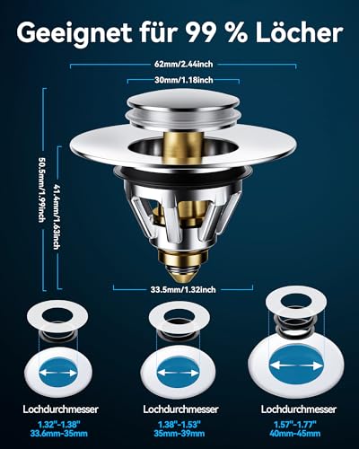 Magichome Pop Up Sink Plug Stainless Steel for 34-45mm Drain Holes | Drain plug stainless steel plug sink anti-clogging sink plug with drain strainer, plug for sinks