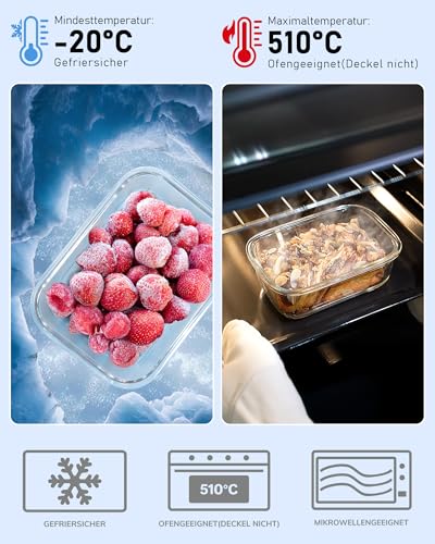 BOROHOUSE 5 Pack Borosilicate Glass Containers with Tempered Lid, 1040 ml/4.4 Cups, Airtight Meal Prep Set, Microwave/Freezer Safe/Ovenproof -20℃~510℃, Grey