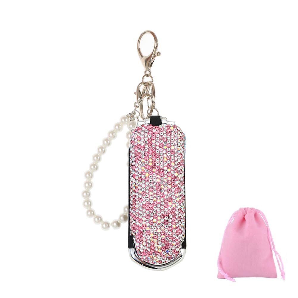 Bling Folding Hair Brush Keychain Rhinestone Pocket Hair Brush Keyring Mini Paddle Hair Massage Comb with Mirror for Women Girls Pink