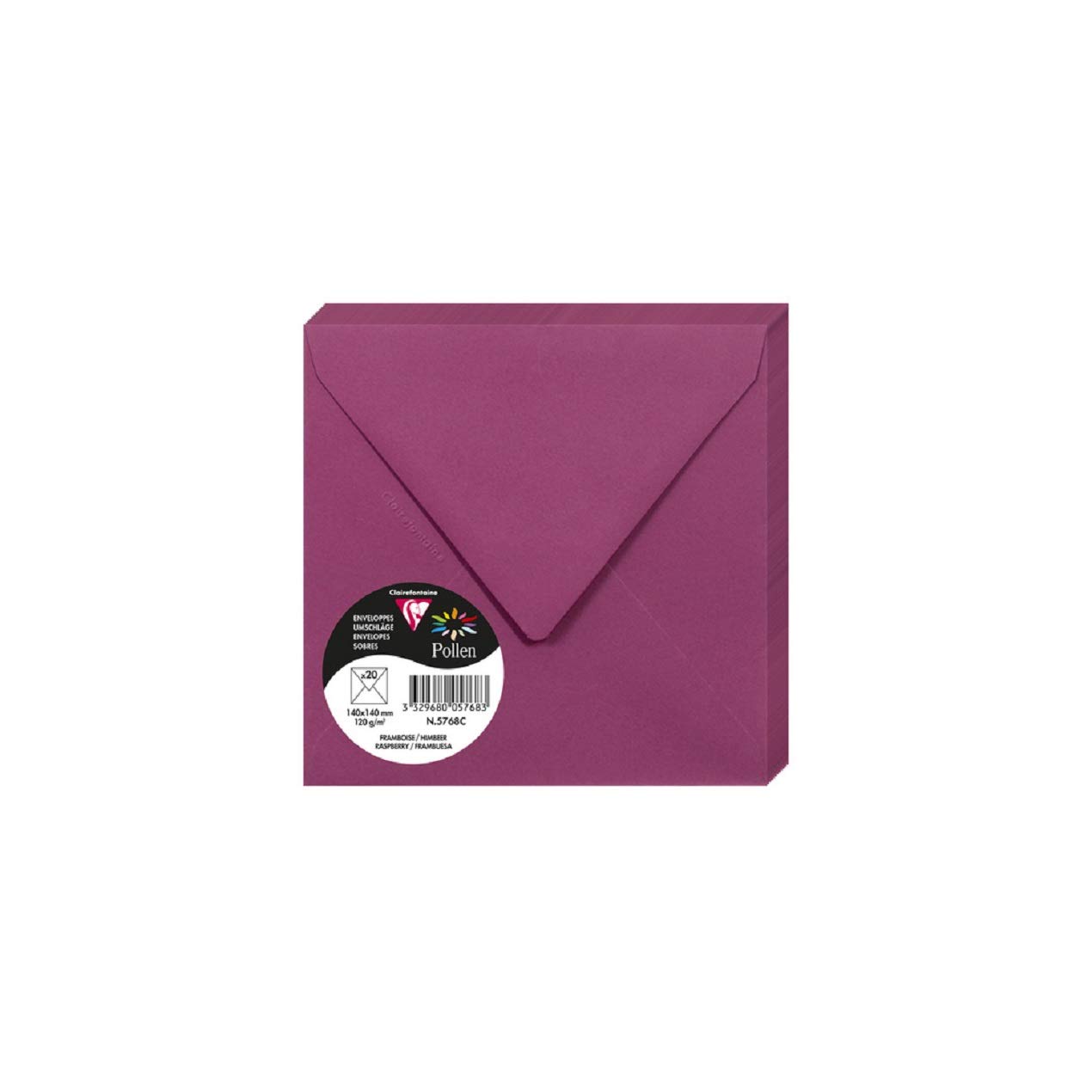 Clairefontaine 5768C Pack of 20 Gummed Envelopes Square 14x14cm 120g/m² Raspberry Colour Invitation Events Correspondence Pollen Range Premium Smooth Paper