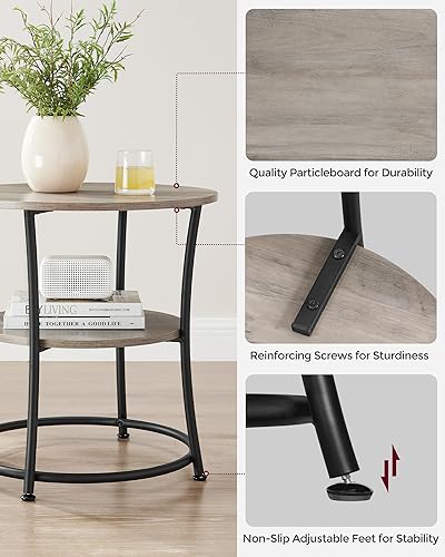 VASAGLE Side Table, 2-Tier Round End Table, Nightstand with Steel Frame for Small Spaces, Living Room, Bedroom, Heather Greige and Ink Black | 2 Shelves