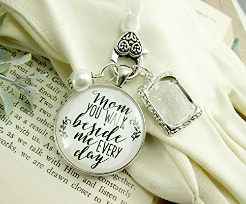 Wedding Bouquet Photo Charm Mom You Walk Beside Me Every Day White Bridal Pendant Mother Remembrance Memorial Photo Jewelry - Thumbnail 4