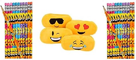 24 Emoji Smiley Face Wooden Pencils and Pencil Case Set- For all the classroom needs, party supplie, gift bags,stocking stuffer, birthdays, etc