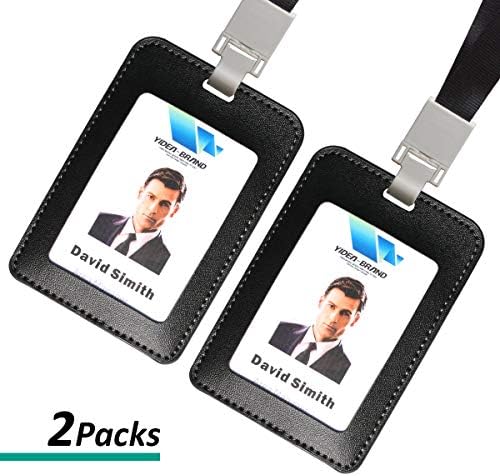Badge Holder, 2 Sets Vertical ID Badge Card Holder with Lanyard for Office Company Employee School Student Bus Pass Name Tag Card Holder PU Leather Black Color