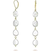 Pearl Dangle Drop Earrings for Women, Long White Pearl with Sterling Silver Post Sensitive Ears,Gold Plated 925 Silver Wedding Earrings Gift