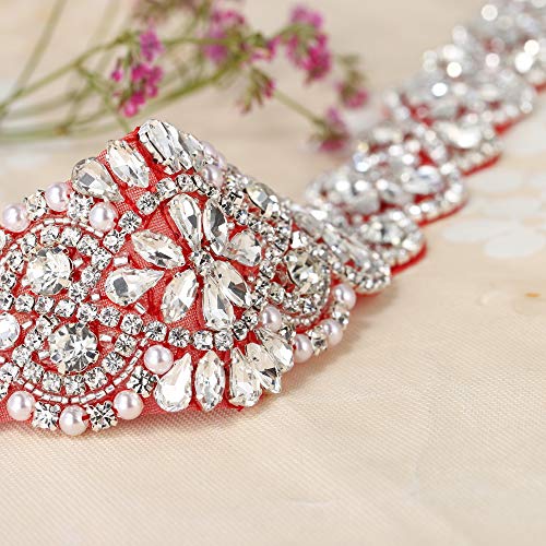 Crystal Applique with Red Back Adhesive, FANGZHIDI Beaded Applique with Silver Rhinestone Claw- Best for DIY on Wedding Dress, Bridal Belt Sash