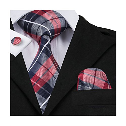 Hi-Tie Men Classic Red Grey Check Tie Necktie with Cufflinks and Pocket Square Tie Set