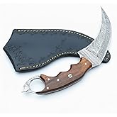 Warivo Handmade Damascus Karambit Knife, Fixed Blade Hunting & Camping Claw Knife with Sheath, Wood Handle, Sharp Outdoor Knife for Men & Women