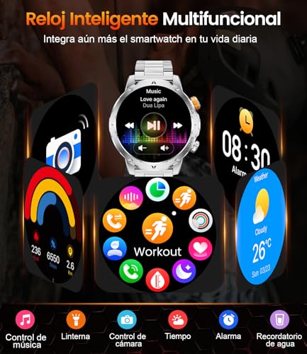 EF24-D Men's Smart Watch with 1000 mAh/Flashlight/Bluetooth Call, 1.7 Inch Military Smartwatch with 110+ Sports Modes, IP68 Waterproof, Heart Rate, Android iOS, 3 Bracelets+2 Chargers