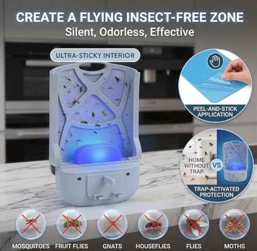 Plug-in Flying Insect Trap for Indoors, UV Light Fruit Fly Trap with Night Light, Sticky Glue Cards for Flies, Moths and Mosquitoes, (with 6Pcs Adhesive Cards) (2)