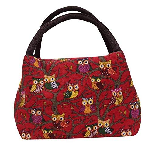 Insulated Adult Lunch Bag,Thenlian Owl Thermal Insulated Tote Picnic Lunch Cool Bag Cooler Box Handbag Pouch with Strap for Men Women Kids (Red)