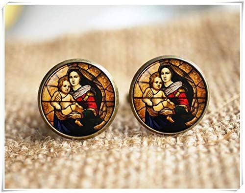 Goodnight cat Virgin Mary and Child Stained Glass,Christian Jewelry,Christian Gifts,Virgin Mary Cuff Links,Christian Earrings,Baby Jesus Jewelry