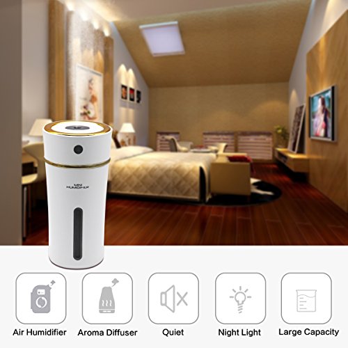 Rechargeable Cool Mist Humidifier White - Azmall 300ml Car Humidifier Portable Cup Humidifier for Car Home Office Baby Living Room Office Yoga with Automatic Shut off, Night Light Function