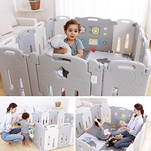 Foldable Baby Playpen Kids 14 Panel Activity Centre Safety Play Yard, Home Indoor Outdoor New Pen (Moon and Star)