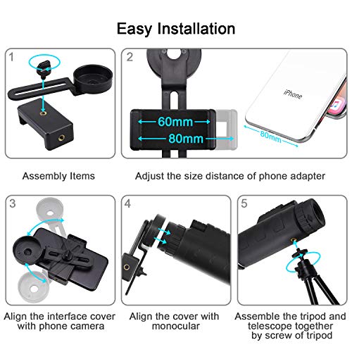 Qhui Monocular Telescope 40x60 with Extendable Tripod and Smartphone Adapter Waterproof Fogproof Low Light Version High Powered HD BAK4 Prism FMC Lens for Bird Watching, Hunting, Camping, Travelling - Thumbnail 2