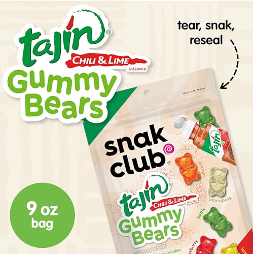 SNAK CLUB TAJIN GUMMY BEARS, ASSORTED FRUIT CANDY GUMMIES WITH CHILI AND LIME SEASONING, MILD, GLUTEN-FREE AND VEGAN SNACKS, 9 OZ RESEALABLE BAG
