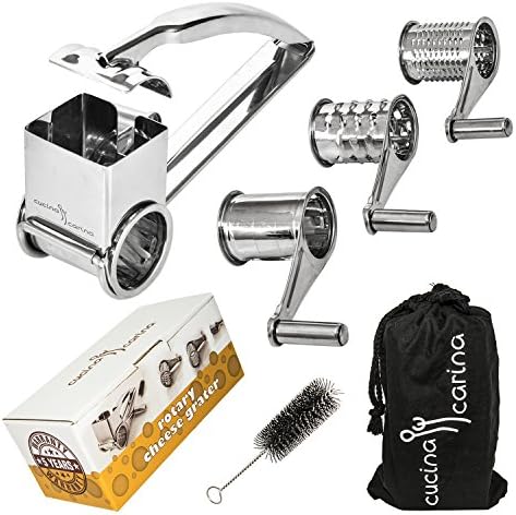 Stainless Steel ROTARY CHEESE GRATER - No More Shredded Knuckles! - Shredder, Slicer or Zester with 3 Metal Drums for Soft and Hard Cheese (Parmesan), Chocolate, Nuts, Vegetable or Fruits