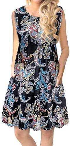 Women Summer Sleeveless Damask Print T-Shirt Dress with Pockets(S-3XL)