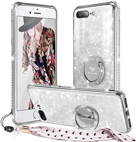 Cute OCYCLONE iPhone 8 Plus Case, iPhone 7 Plus Case, [Tempered Glass Back Cover] Glitter Bling Diamond Rhinestone Bumper With Ring Kickstand Sparkly Protective Phone Case for Women Girls Cute - White