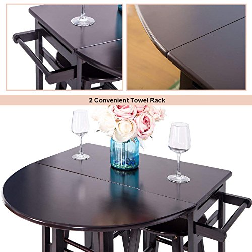 Breakfast Cart With 2 Stools,JULYFOX Drop Leaf Kitchen Island With Seating Chairs Wheels Storage Drawers Tower Rack Counter Height Tall Pub Bar Table Set 3 Piece Espresso For Small Spaces