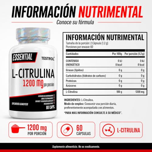 L Citrulina Essential 1200 mg, precursor natural del óxido nítrico que ayuda a la circulación y procesos de vasodilatación. Testrol Citrulina Essential (60 CAPSULAS)