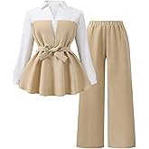 Girls' two-piece set, white +apricot patchwork top (with belt) + wide-leg pants, suitable for children aged 8-12