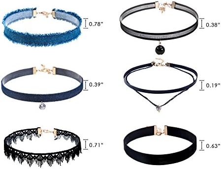 Astla Variety Choker Necklace Set - Frayed Denim, Crystal Jeans,Lace, Sheer, Gothic,Velvet