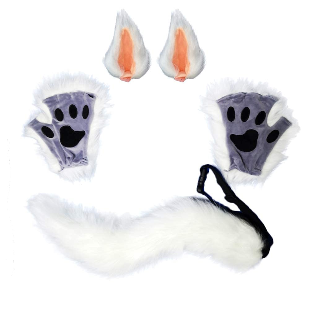 PPFINE Wolf Fox Tail Clip Ears and Gloves Set Halloween Christmas Fancy Party Costume Toys Gift for Children or Adult