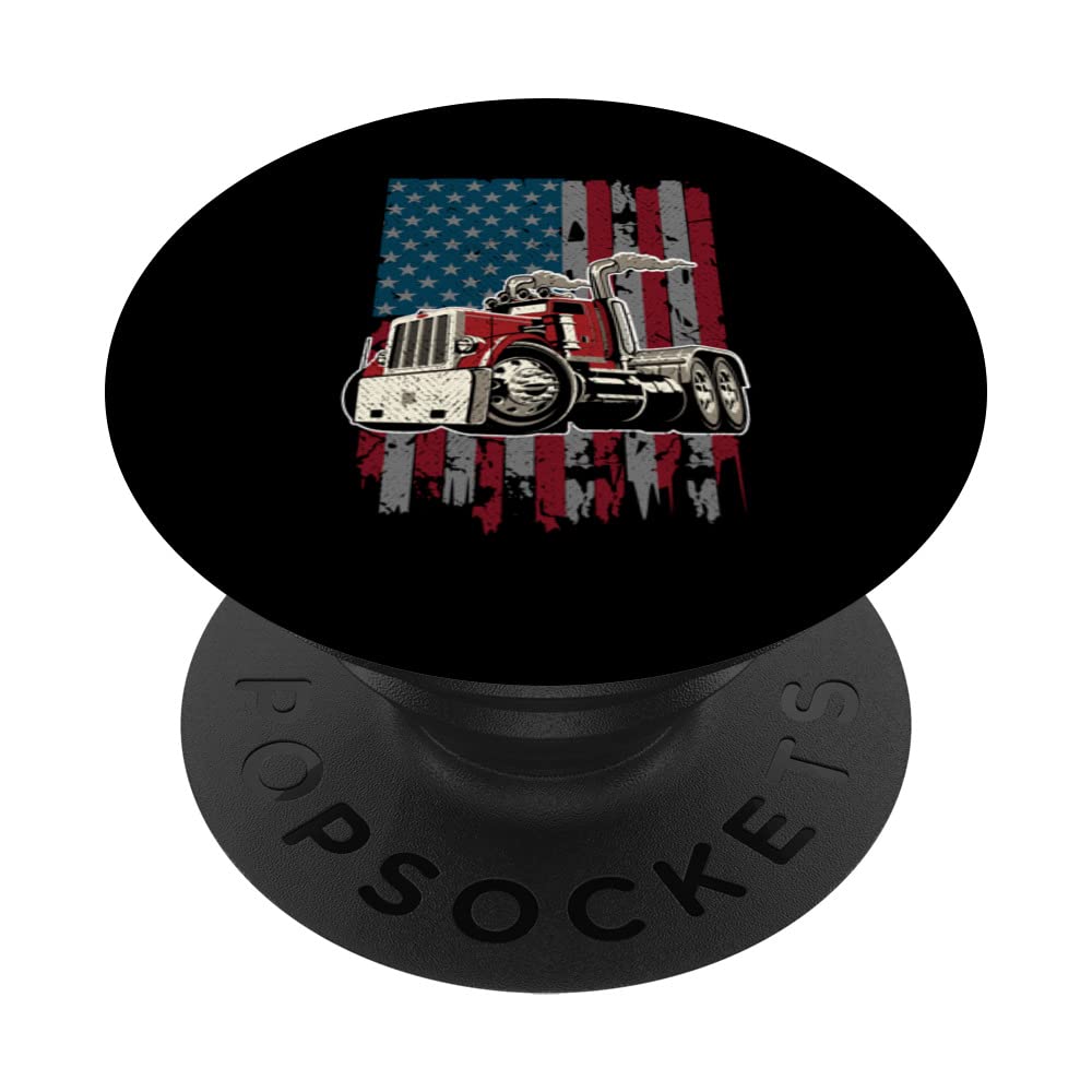 US American Flag USA Trucker Driving Big 18 Wheeler Truck PopSockets Swappable PopGrip