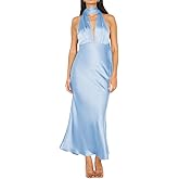 Summer Satin Halter Deep V Neck Backless Maxi Dresses for Women 2025 Silky Sleeveless Open Back Wedding Guest Long Dress