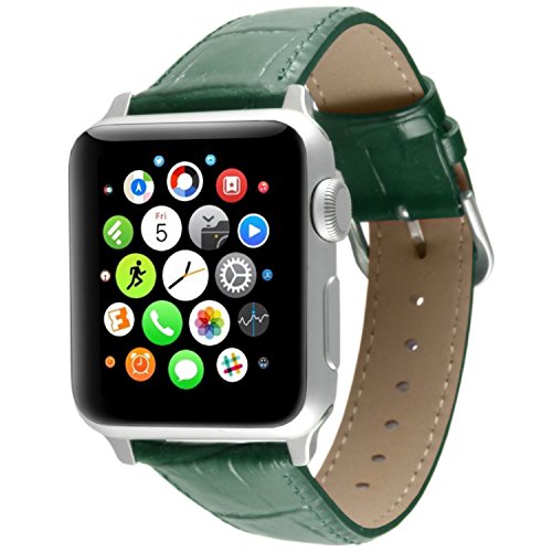 Apple Watch Band, Green Replacement Genuine Leather Strap for iWatch 20mm with Adaper - Thumbnail 2