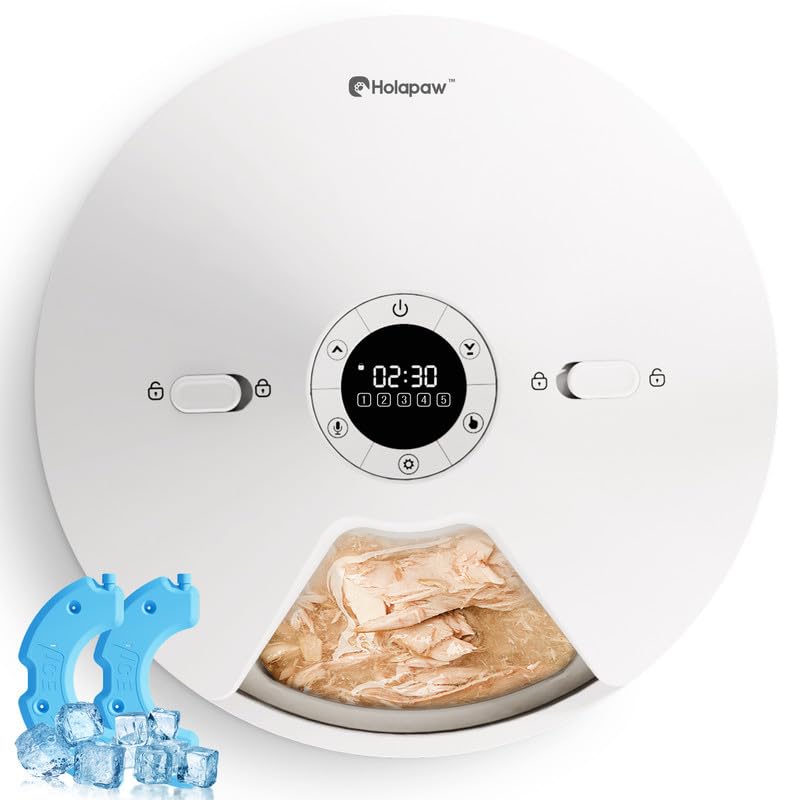 Photo 1 of HOLAPAW Automatic Cat Feeder Wet Food, 5 Meals Cordless Pet Food Dispenser, Fresh Food Refrigerated Container with 2 Ice Packs, 10s Voice Recording, Programmable Timer Battery Operated
