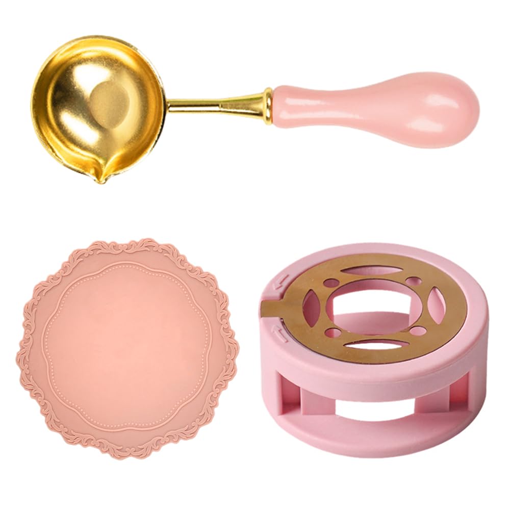 3 PCS Wax Seal Kit Pink Wax Seal Warmer with Wax Seal Spoon and Silicone Wax Seal Pad Universal Wax Seal Melting Furnace for Envelopes Sealing Wedding Invitation Gift