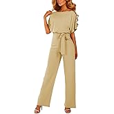 amropi Women's Short Sleeve Jumpsuits Belted Wide Leg Long Pant Romper