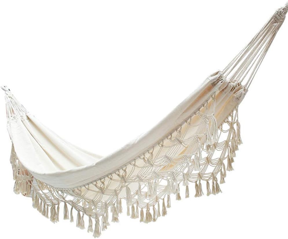 GreSky Double Hammock White Cotton Canvas Lace Hammock Chair Fringed Garden Bohemian Tassels Brazilian Hammock Swing Seat with Bag for Backyard Porch Outdoor and Indoor Use
