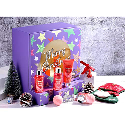 BODY & EARTH Bath and Body Gift Set - 9 Piece of Christmas Bath Gift Sets for Women,Cinnamon Apple Spice with Shower Gel,Body Lotion,Hand Cream,Bath Bomb,Socks and More