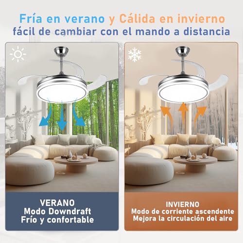 Ventilador de Techo Retráctil con Luz LED Regulable, 6 Velocidades, Kits de Luces de Techo Interiores con Ventiladores