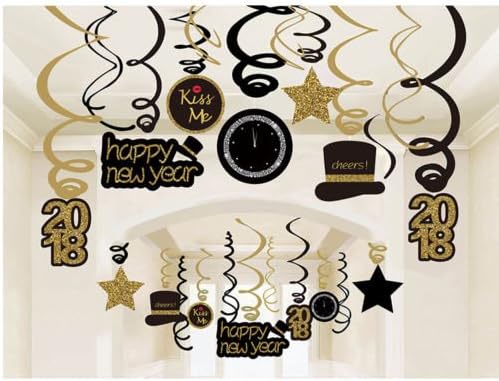 SWYOUN 2018 HAPPY NEW YEAR Foil Swirl Decorations Black Silver Gold Party Supplies